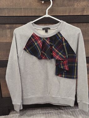 J. Crew Light Gray Crewneck Sweatshirt with Tartan Ruffle